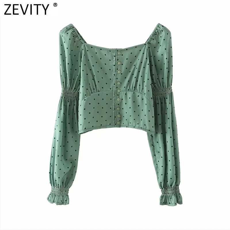 

Zevity 2021 Women Vintage Slash Neck Dots Print Short Smock Blouse Female Retro Back Elastic Slim Shirts Chic Blusas Tops LS7522