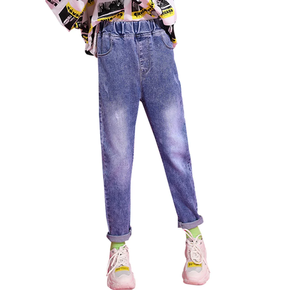 Весенние джинсы для девочек детские с вышитыми буквами эластичным поясом