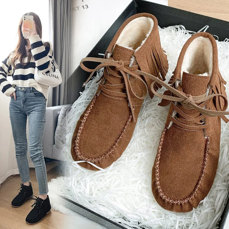 

Keep Warm Snow Boots Women Comfortable Cotton Shoes Women 2021 New Winter Boots Women Warm Ankle Tassel Boots Lace Up