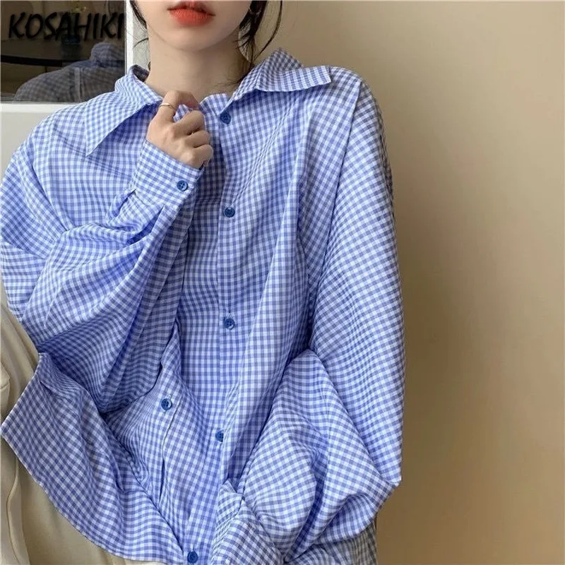 

KOSAHIKI 2021 Spring Summer New Women's Loose Korean Design Blue Plaid Shirt Lantern Long Sleeve Tops Office Lady Casual Top