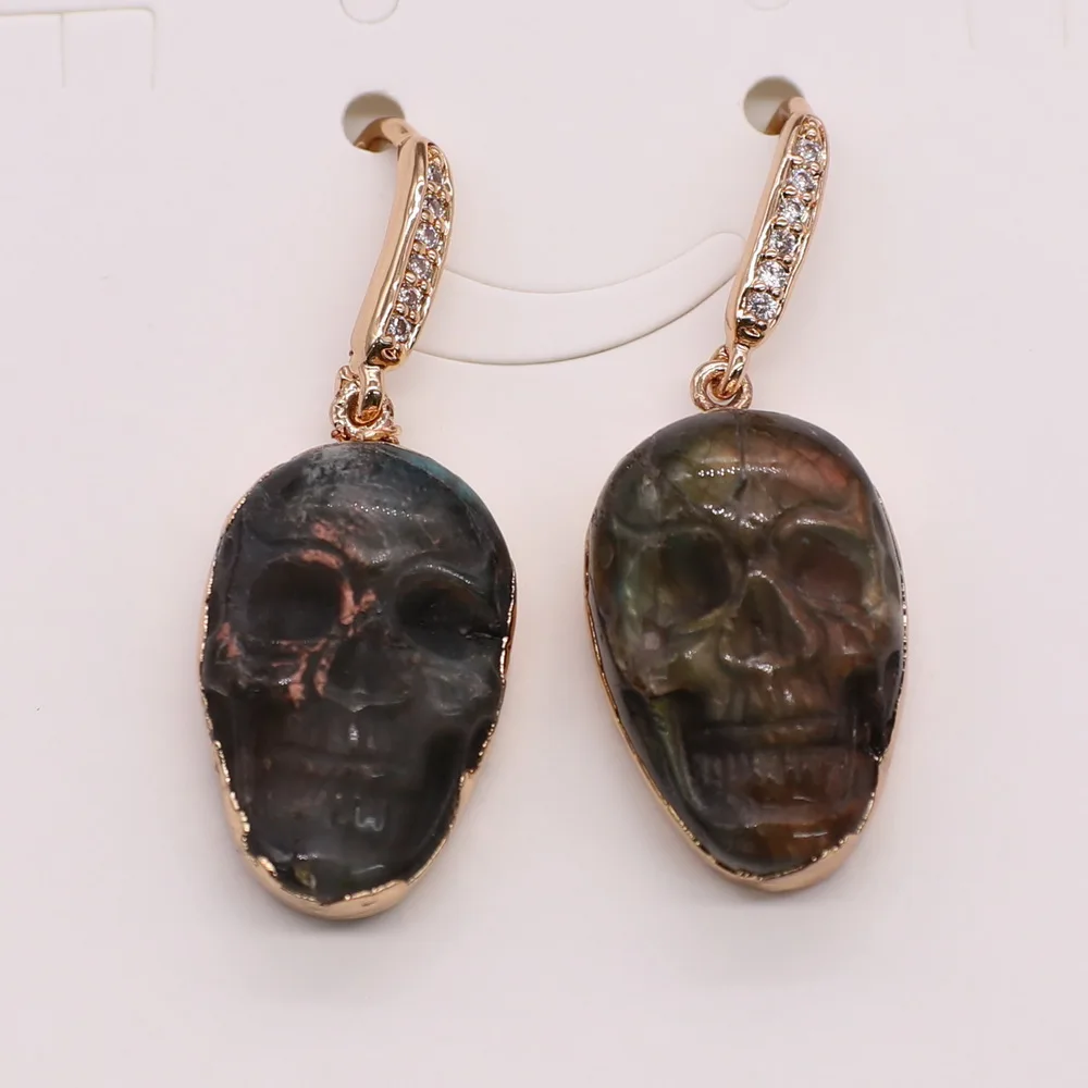 Серьги с черепом и лабрадоритом для Хэллоуина латунным крючком из фианита