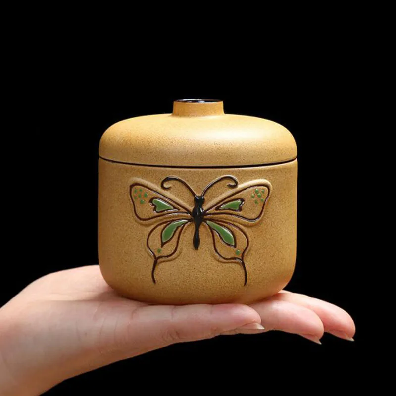 

Hand Painted Coarse Pottery Pu'er Tea Box Sealed Storage Jar Butterfly Pattern Decorated Tea Canister Tea Caddy Kitchen Teaware