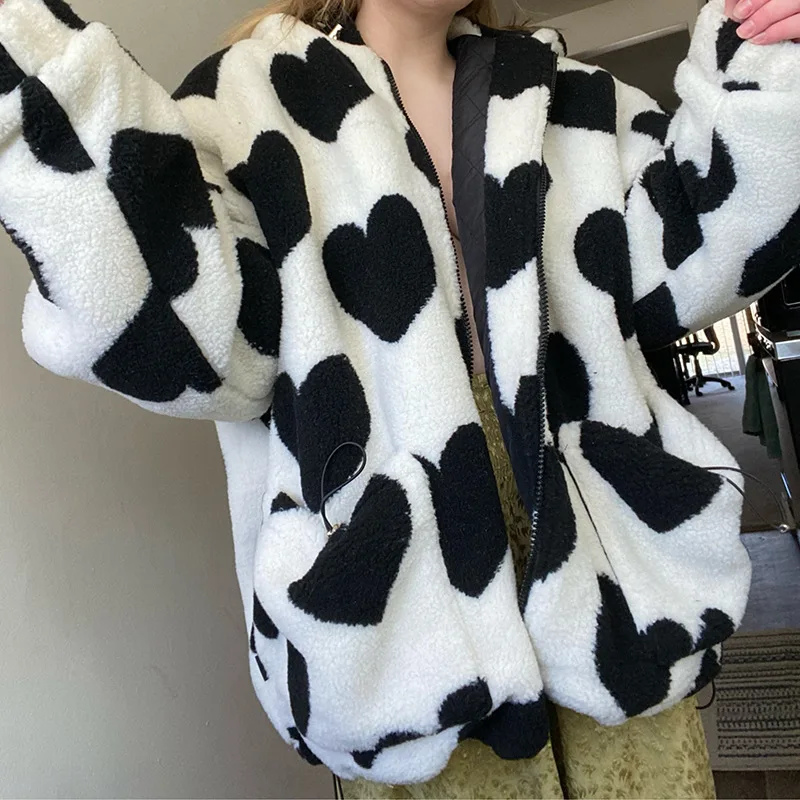 New Love Printed Lamb Velvet Jacket Hong Kong Style Loose Hooded Wild Cotton Jacket Winter Clothes Women Cute Sweet Jacket