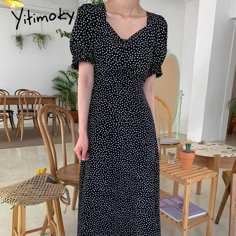 

Yitimoky Vintage Floral Print High Waist Dress for Women 2021 Puff Sleeve Square Collar Black A-Line Boho Summer Clothes Korean
