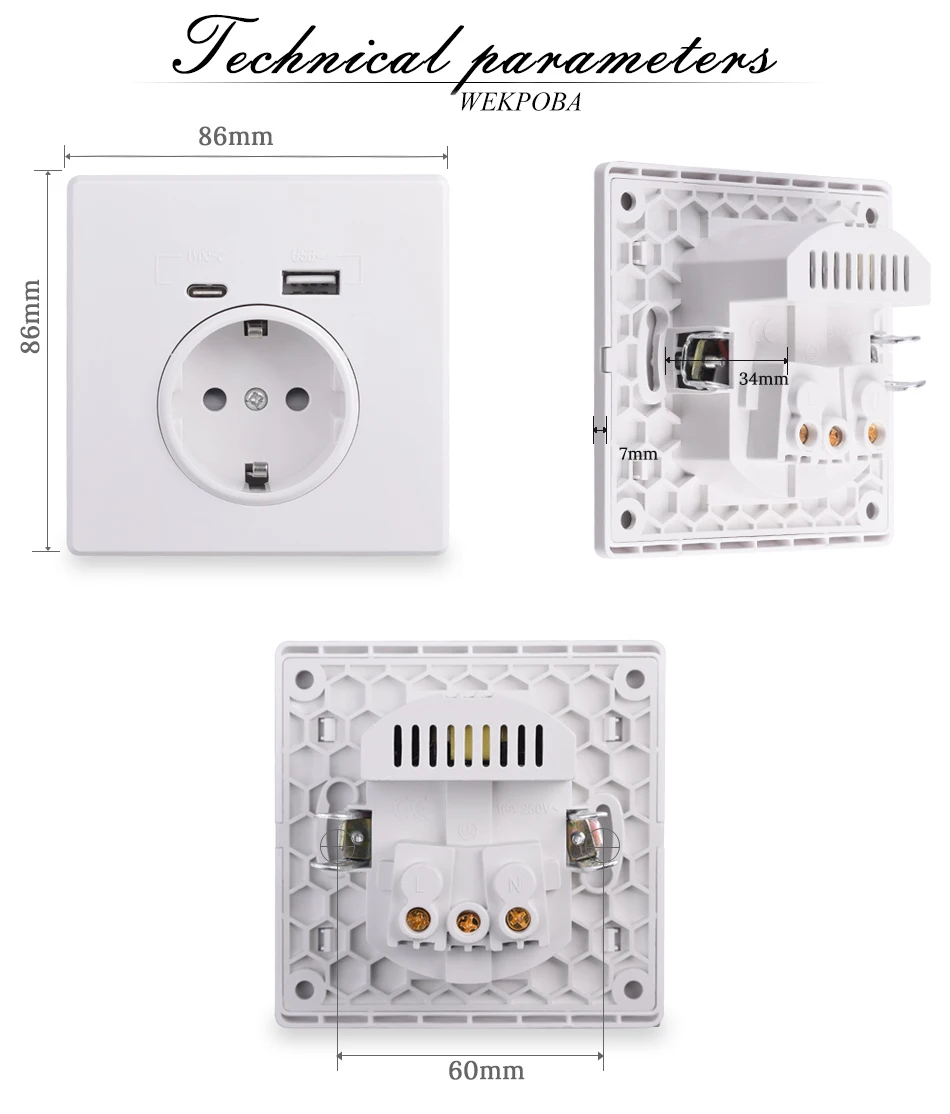 Розетка WEKPOBA с интерфейсом Type-C настенная розетка из поликарбоната/акриловой