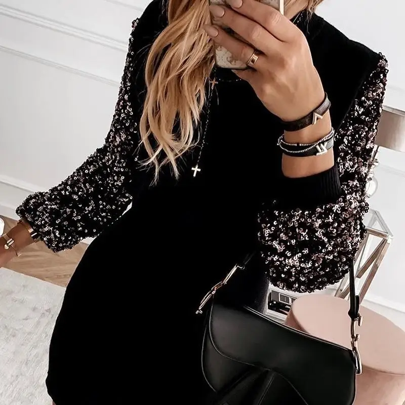 

Embellished Sleeve Spliced Mini Dress Women Long Sleeve Casual Loose Winter Dress 2019 Sequined Patchwork Vestidos De Verano