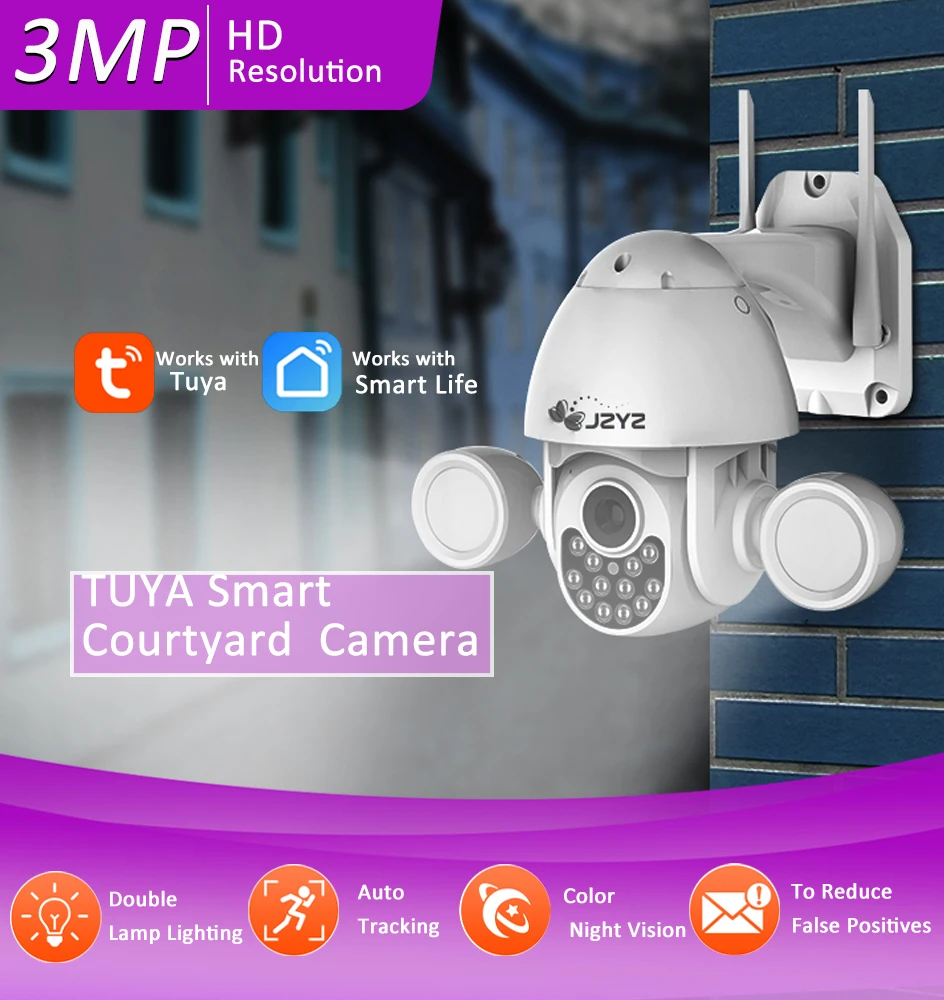 

JZYZ 3MP Video Surveillance PTZ Tuya Smart Life 2.4GHz Wifi Infrared Night Vision Humanoid Auto Tracking H.265 Alexa CCTV Camera