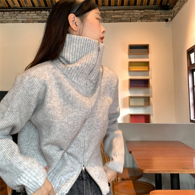 

Fashion Knitted Sweater Cardigan Women New Turtleneck Zipper Warm Stand Collar Loose Solid Coat Femme Casual Jackets Spring Tops