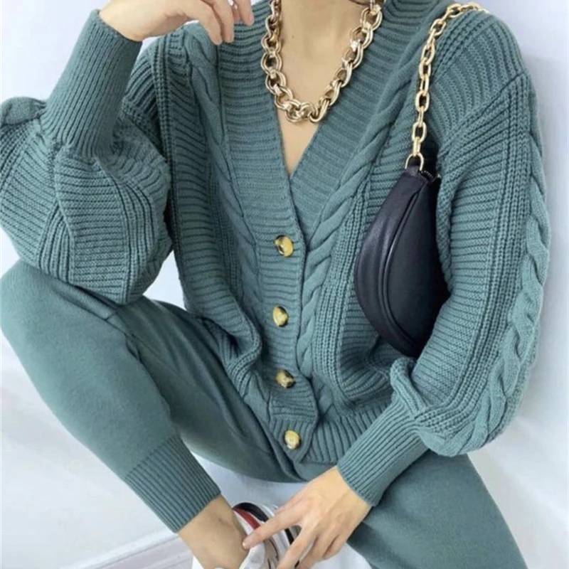 Colorfaith 2022 New Sets Two Pieces Cardigans With Pants Knitted Spring Winter Women Korean Fashion Chic Tracksuit Suit WS2002JX
