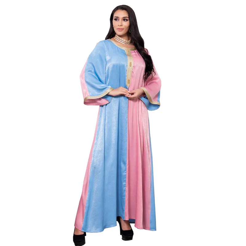 

2021 Summer New Middle Eastern Women's Clothing Abaya Fashion Color Matching Phnom Penh Muslim Women's Arab Hui Robe Dress