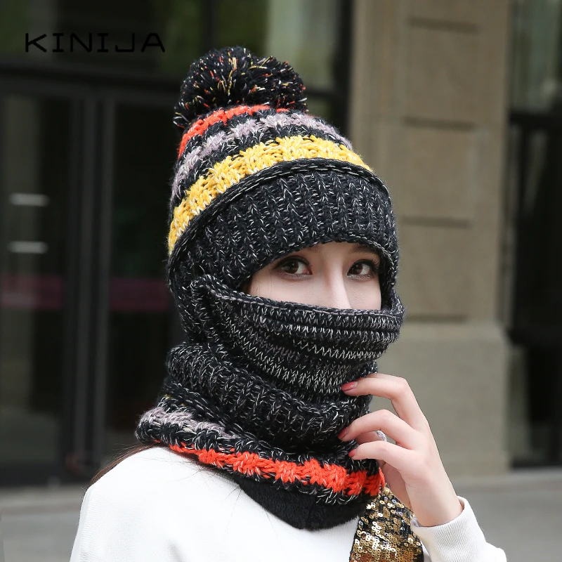 Женская зимняя утолщенная бархатная шапка шарф маска комплект из трех предметов