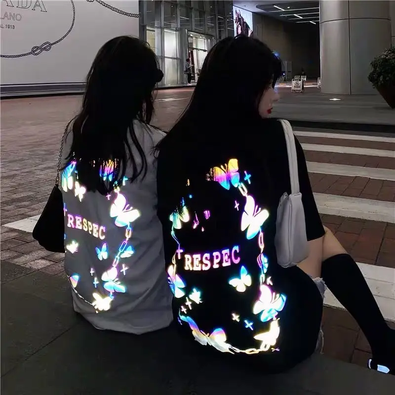 

Butterfly Printed T-shirt Women Reflective Tops 2022 Summer New Aesthetic Fashion Grunge High Street Casual Loose Tops Trend