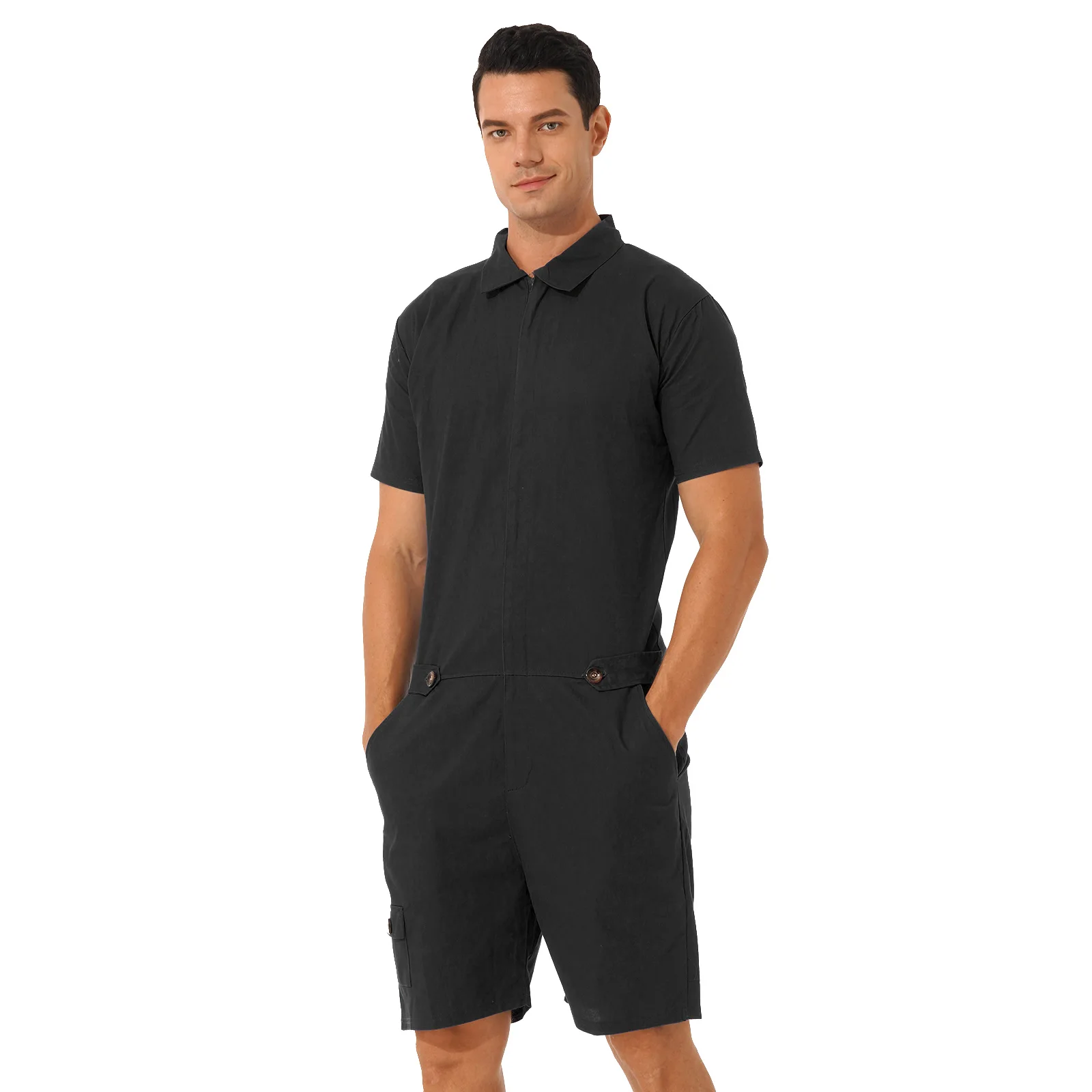 Stylish Men Turn-down Collar Zipper Bodysuit Romper Overalls Jumpsuit Leisure Male Summer Short Sleeve Solid Rompers Streetwear