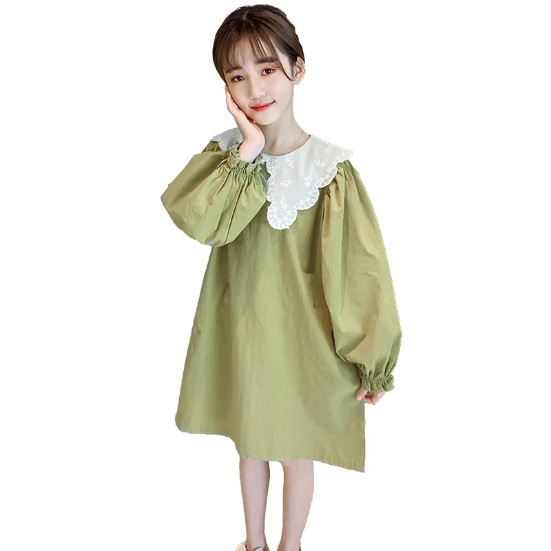 

2021 girls Korean personality doll collar puff sleeve dress spring and autumn new medium and big children's solid color princess