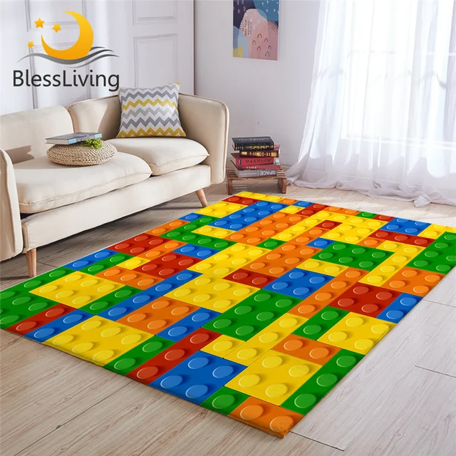 BlessLiving Toy Print Kids Carpet Dot Building Blocks Rugs For Bedroom Boy 3D Carpet Colorful Bricks Game Living Room Carpet 1
