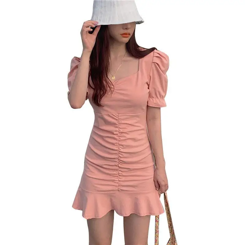 

French square collar sexy temperament bubble sleeve hip skirt slim slim flounces dress
