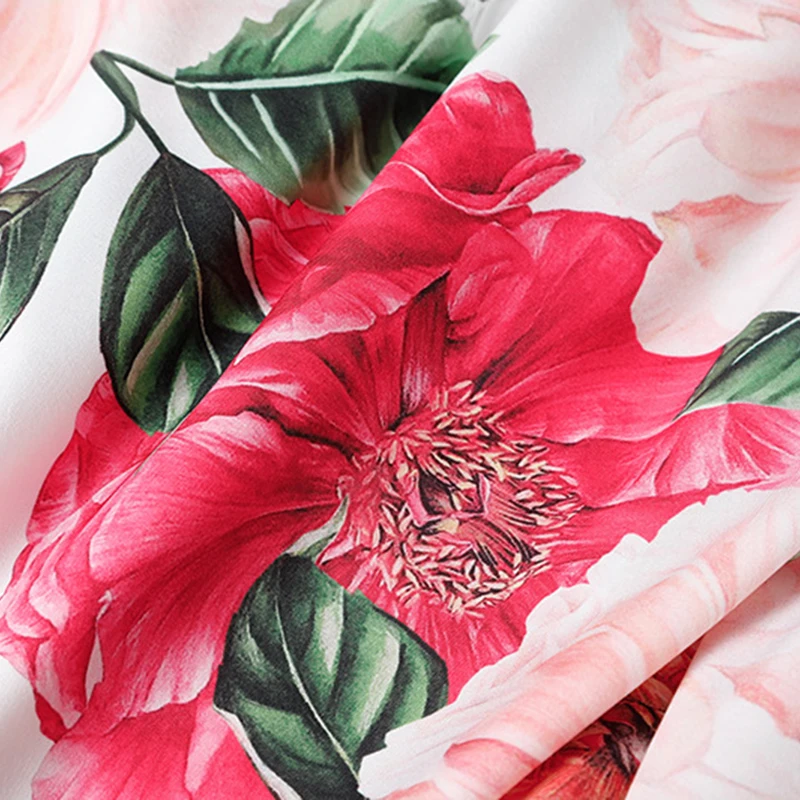 

AELESEEN Spring Summer 2 Pieces Set 2021 Runway Fashion Ruffles 3/4 Sleeve Blouse + Full-Lenght Pants Rose Flower Print Set