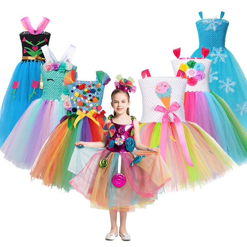 

VOGUEON Summer Candy Rainbow Girls Dress Lollipop Modeling Frock Little Girl Costume Kids Unicorn Anna Elsa Clothes For Party