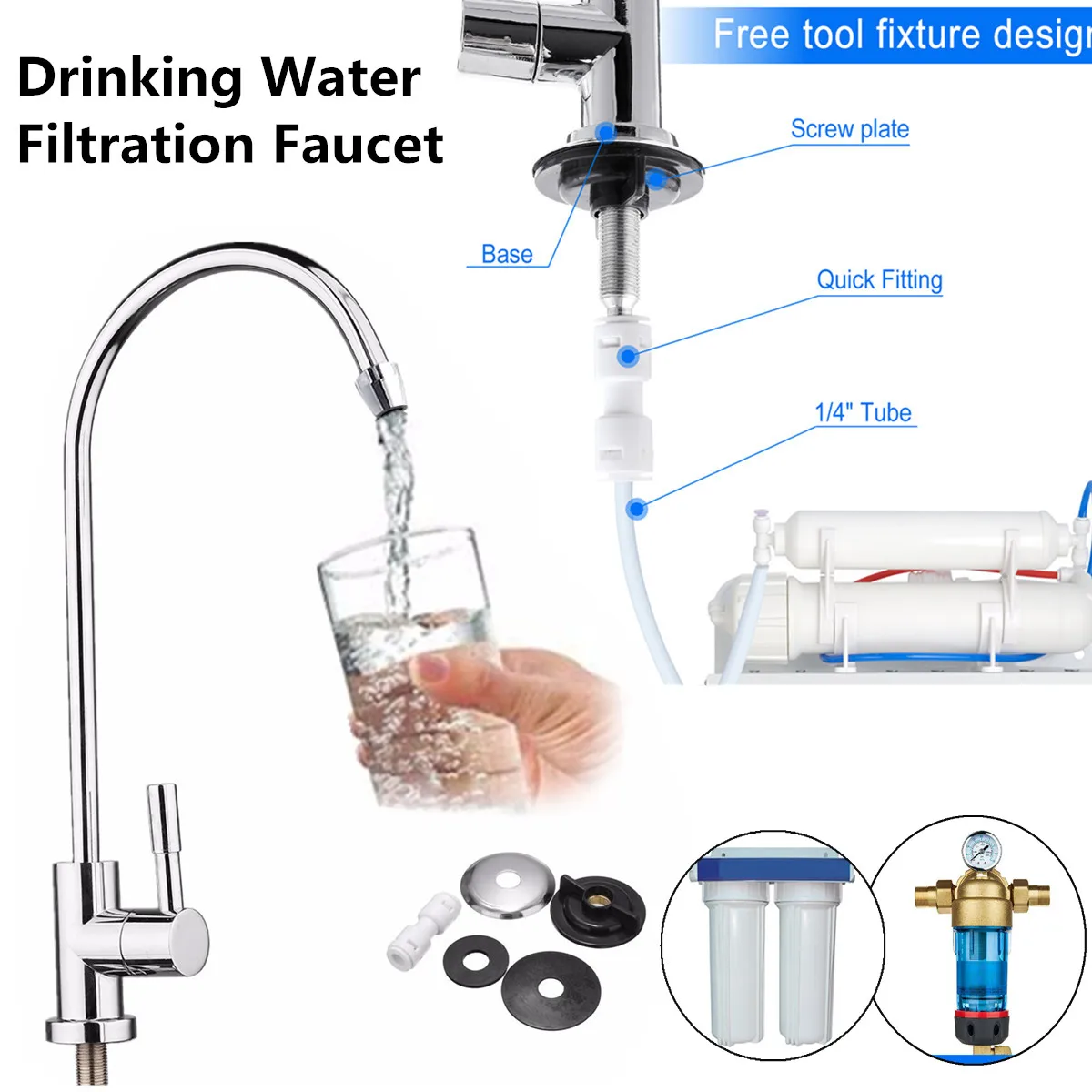Kitchen Water Filter Faucet Chrome Plated 1/4 Inch Connect Hose Reverse Osmosis Filters Parts Purifier Direct Drinking Tap water | Бытовая