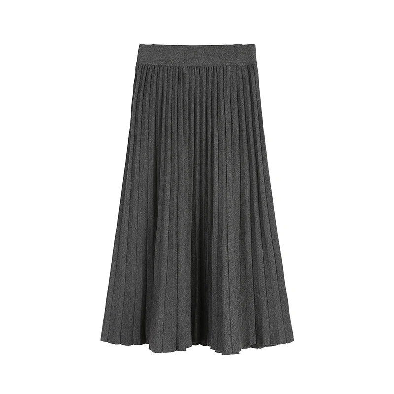 

Elegant Midi Pleated Knitted Solid Skirt Women 2020 Autumn Winter Vintage Keep warm Knee Length fashion casual High Waist Skirts