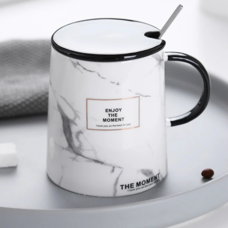 

Office Nordic Style Extra Large Mug White Lid Marble Print Mug Stirring Novelty Tazas Desayuno Minimalist Spoon Tea Mugs EA60MK