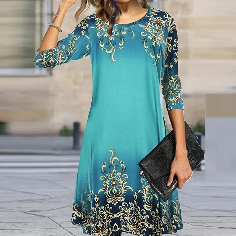 

Vintage Pattern Printed Long Sleeve Party Dress Spring Autumn Fashion O-Neck Mini Dress Office Casual Loose Women Dress Vestidos