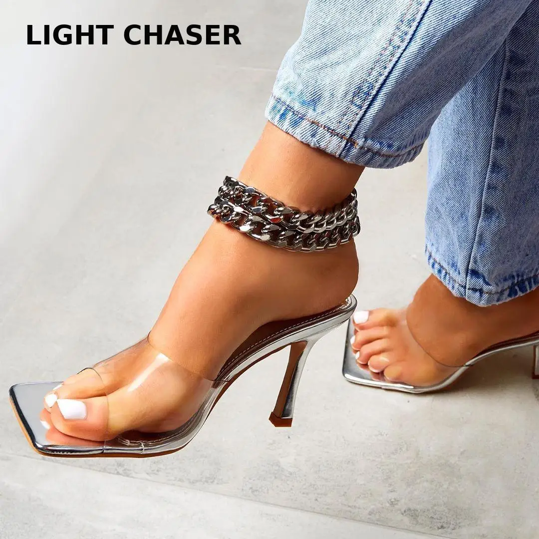 

New Summer Women Shoes Square Toe Stiletto Women Sandals Transparent High Heel Sandals Women Slippers Sexy High Heel Slippers 43