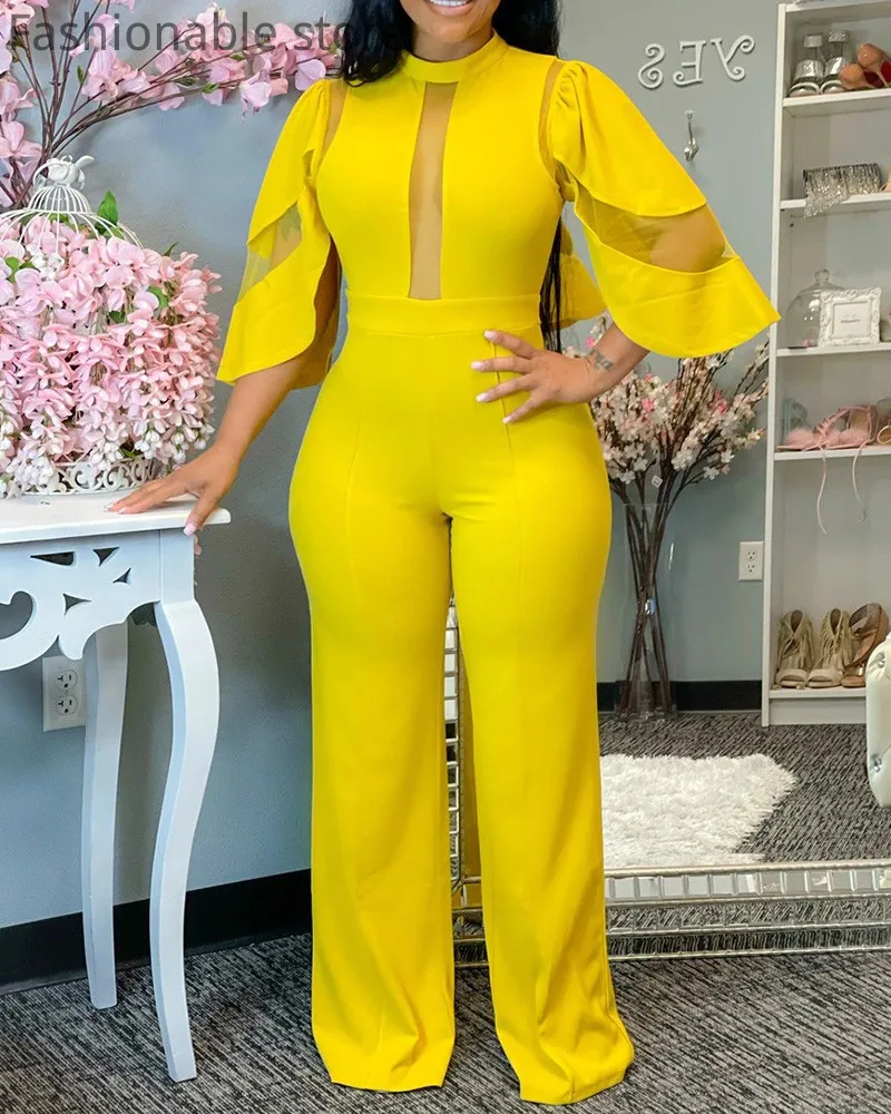 

Женский однотонный комбинезон из прозрачной сетки, с расклешенным рукавом