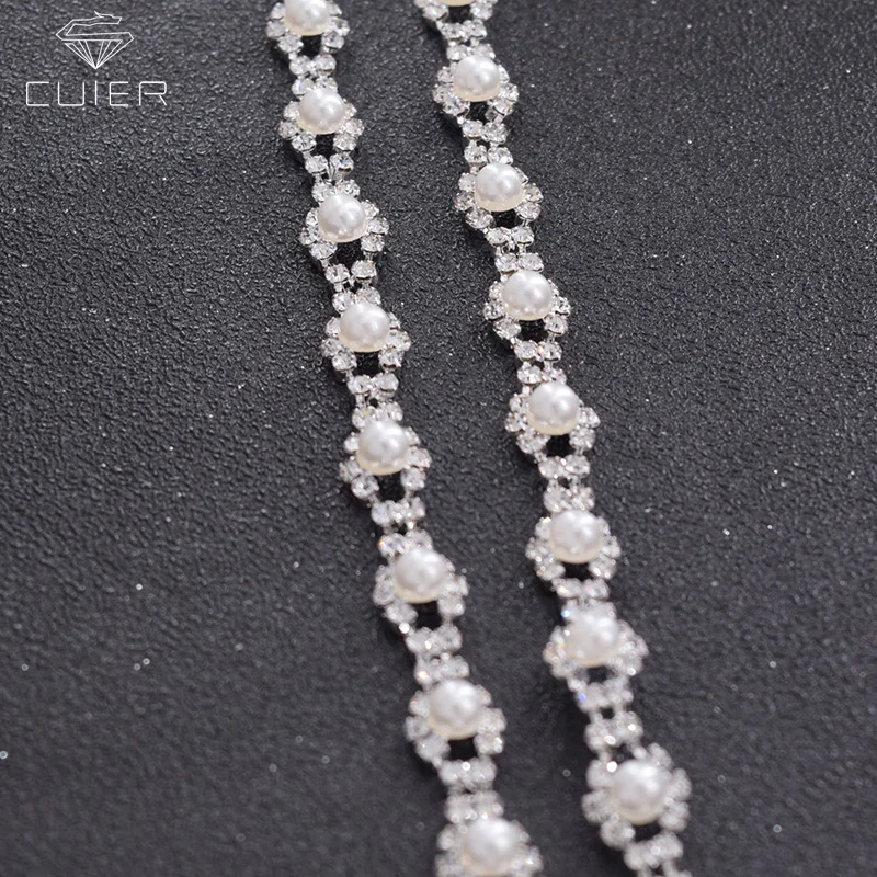 

10yards/lot wholesale 9mm single chain sewing accessories trim with rhinestone white pearl decorations crystal galss metal chain