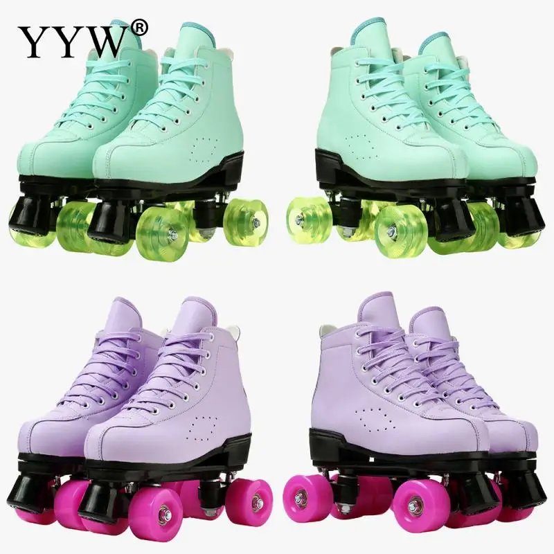 

Роликовые коньки из искусственной кожи для мужчин и женщин, двойные коньки фиолетового цвета, ПУ, для взрослых, размеры 24-44, 4 колеса, патины