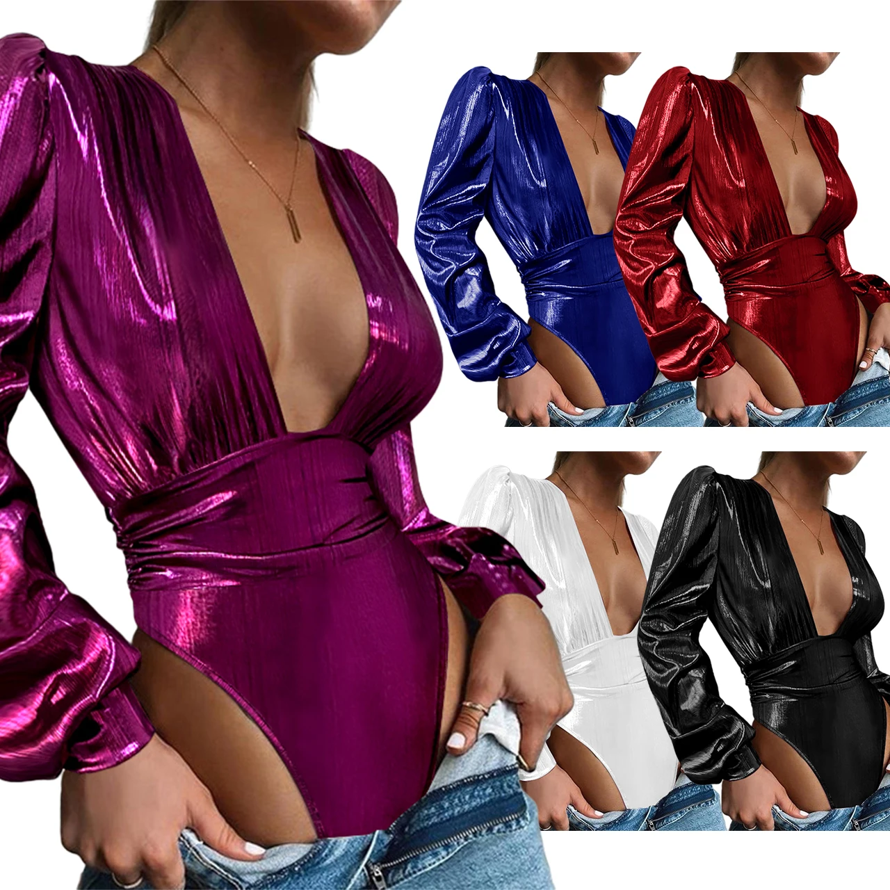 

2022 New Women Bodysuits Sexy Long Sleeves Deep V Neck Ladies Charming Short Jumpsuit All Matching Tops Nightclub