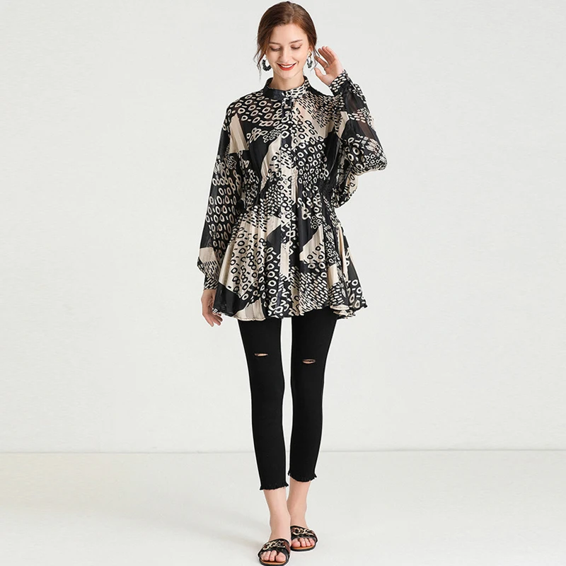

3XL 4XL Plus Size Women Blouse Spring Irregular Dots Batwing Sleeve Chiffon Blouse Elastic Waist Buttons Loose Shirts for Woman