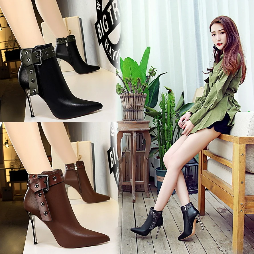 

Women‘s Stiletto Super High Heel Knight Boots Sexy Nightclub Pointed Rivet Belt Buckle Ankle Boots For Female Office Lady
