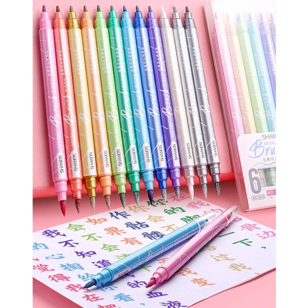 12 шт Металлические чернила ручки с кисточками Комплект Двухсторонний