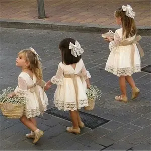 Spring Girls Bridesmaid White Dress Baby Toddler Kids Knee-Length Fashion Party Lace Long Sleeve Bow