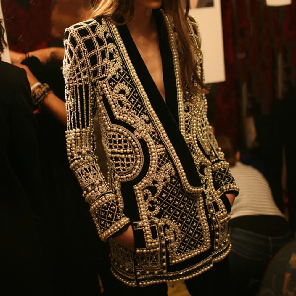 

Beaded Overcoat Women 2020 Autumn Winter Long Sleeves V-Neck Vintage Black Outwear Jacket Overcoats Retro Chic Female Coats