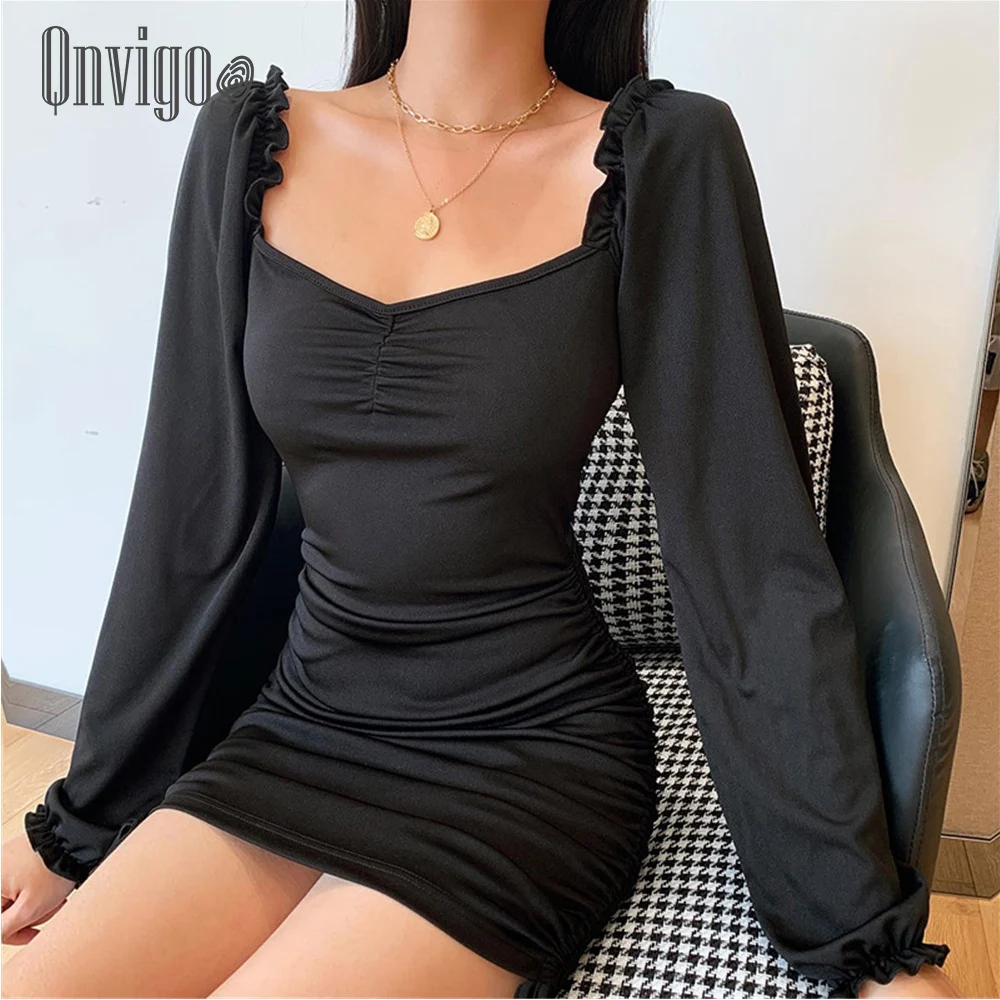 

Qnvigo Sexy Dress European Street BF style Autumn Lace-up Pleated Long-sleeved Dress Female Ins Fashion Party Puff Sleeve Skirt