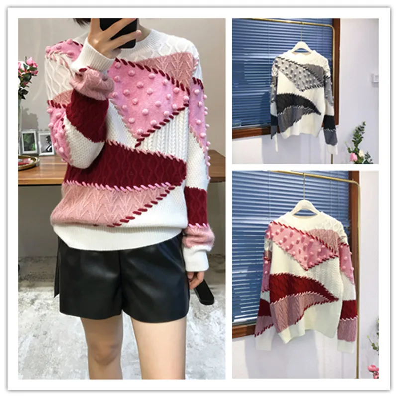 2018 геометрический лоскутный женский свитер с объемным помпоном осенне-зимний