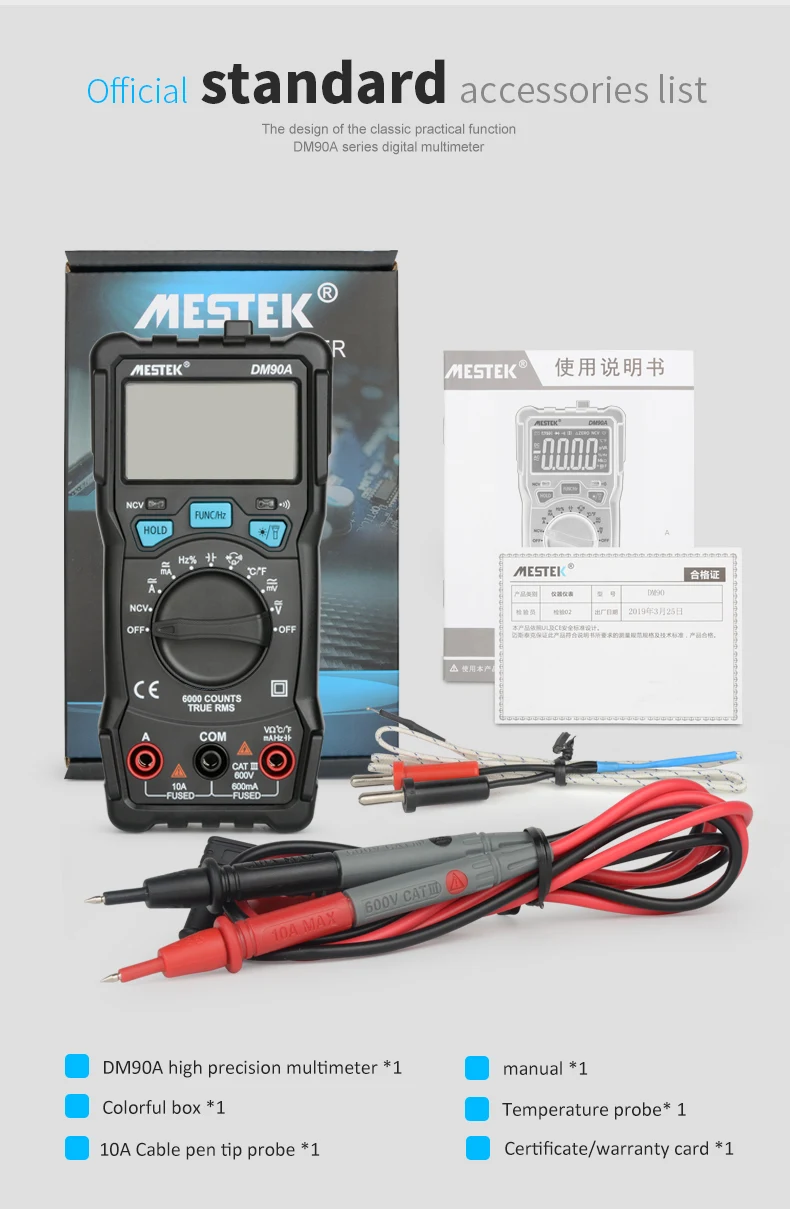 MESTEK Высокоточный мультиметр DM90A 6000 отсчетов Автоматический диапазон электрик цифровой измеритель напряжения светильник-вспышка