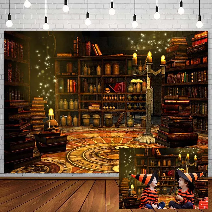 

Halloween Backdrop Skull Candle Bookshelf Scary Pumpkin Photography Background Photoshoot Studio Photocall Photozone Decor Props