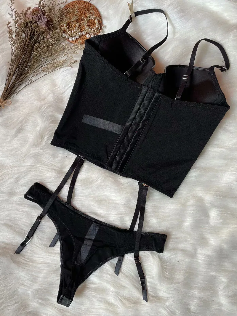 Wriufred Locomotive Leather Lingerie Small Bone Shaped Body Shaper Waist Underwear Set Bralette Sexy Glossy Gathering Bra Set