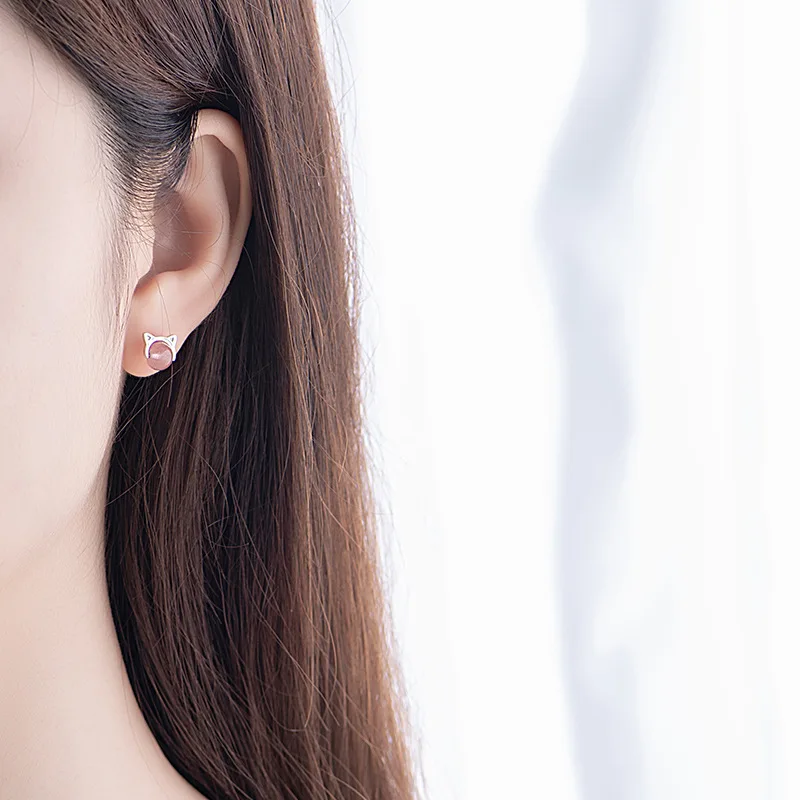 

925 Sterling Silver Crystal Round Bead Cat Stud Earrings For Women Boucles d'oreilles Wedding Jewelry eh1261