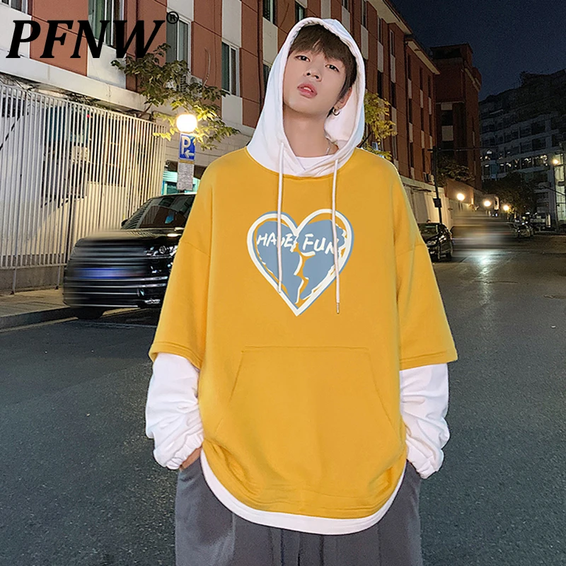 

PFNW Harajuku Love Fake Two Pieces Patchwork Hoodies 2021 Japanese Streetwear Hoodies Male Korean Couple Sweatshirts Ins 12X1047
