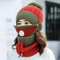winter knitted hat scarf mask set for women neck warm woolen plush bib caps balaclava mask female casual skullies beanies bonnet