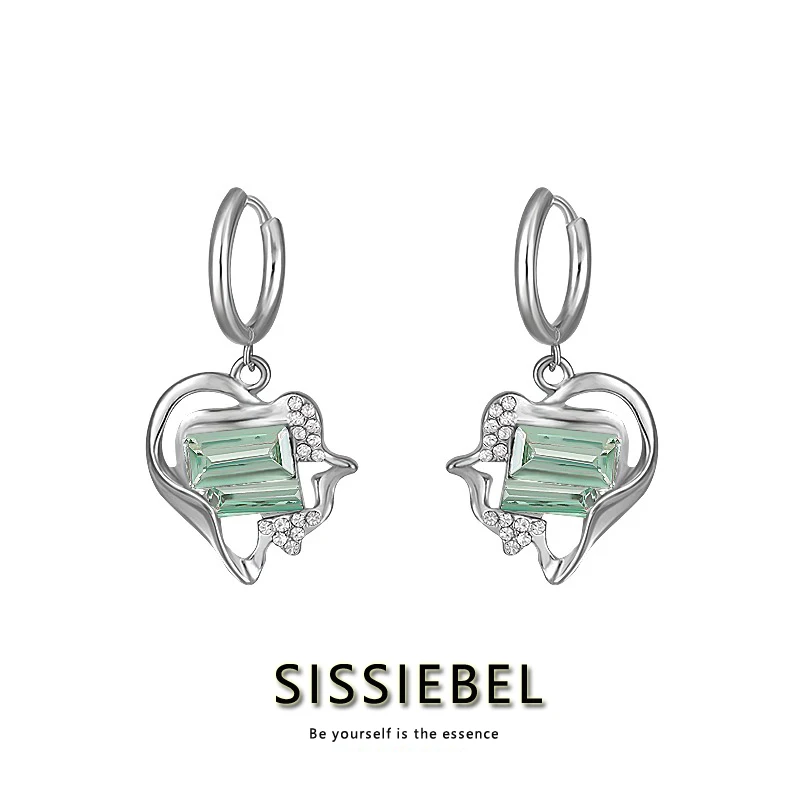

Mint Green Zircon Heart Earrings For Women Korean High-Grade Sense Light Luxury Jewelry Unusual Accessories For Gothic Girls