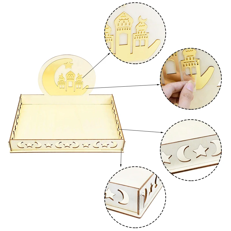 

Wooden EID MUBARAK Decoration Islamic Ramadan Kareem Wooden Tray Decorations for Food EID Muslim Event Party Holiday Supplies 8z