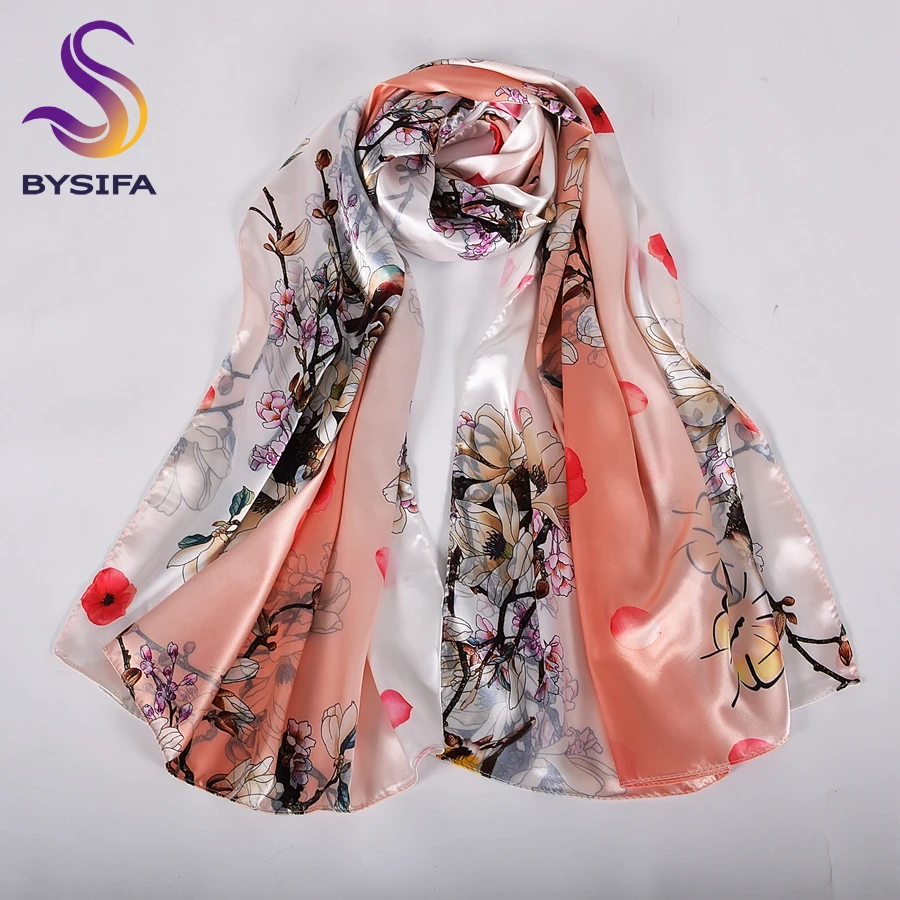 

[BYSIFA] Silk Scarf Shawl Femmes Foulard New Magnolia Design Ladies Double Faces Long Scarves Printed Beige Pink Hijabs160*70cm
