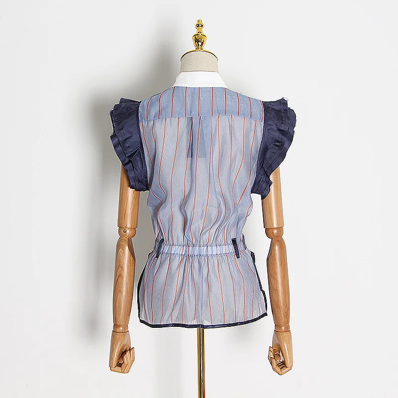 

Summer New Ruffles Patchwork Design Women Blouse Fashion Stand Collar Hit Color Striped Blusas Sleeveless Slim Waist Shirts