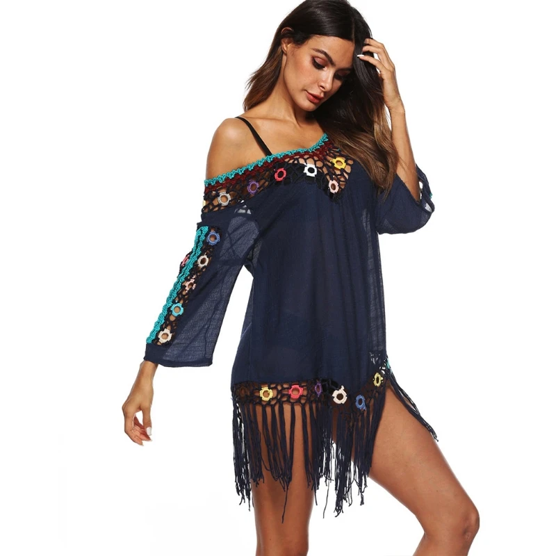 

Women Floral Crochet Swimsuit Cover Up Sexy V-Neck Irregular Tassel Beach Dress