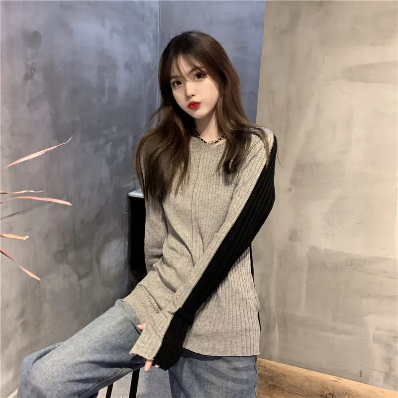 

Qooth 2021Spring Knitted O neck Sweater Basic Rib Patchwork Casual Slim Pullover Womens Elasticity Jumper Pull Femme QT415
